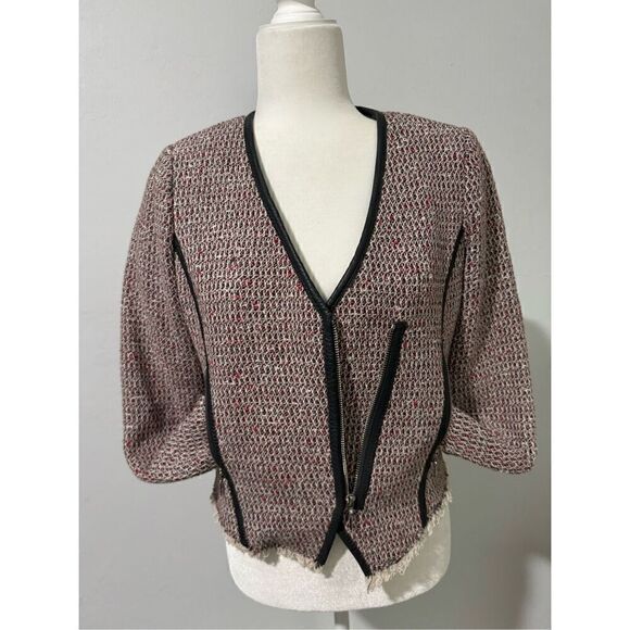 Rebecca Taylor tweed leather trim zip front biker jacket 4 - Picture 7 of 7